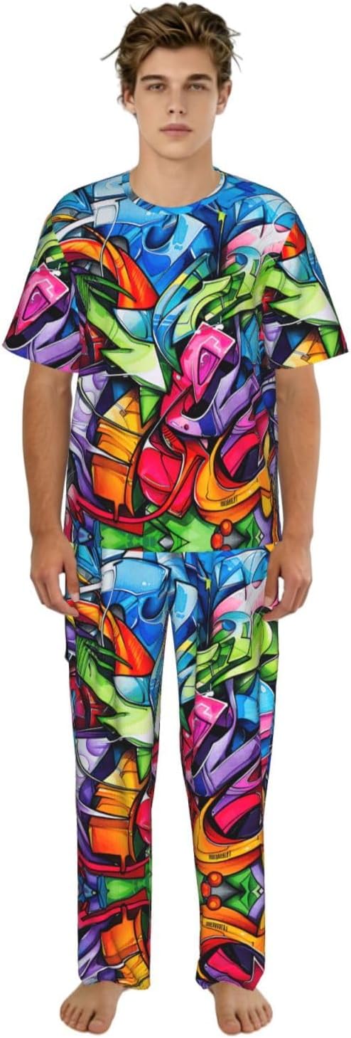 Men'S 2 Piece Loungewear Pajama Set Graffiti Drawing Print Short Sleeve Tee Top And Pants Set S-3xl