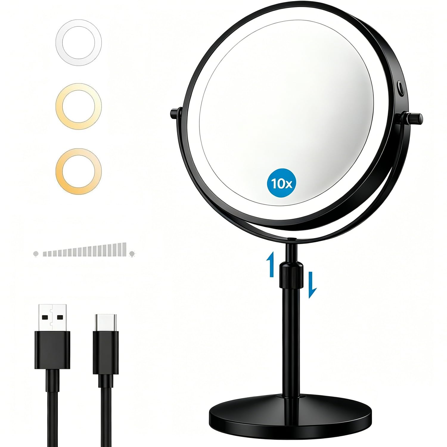Miroir de maquillage lumineux 21,6 cm miroir grossissant 1x 10x