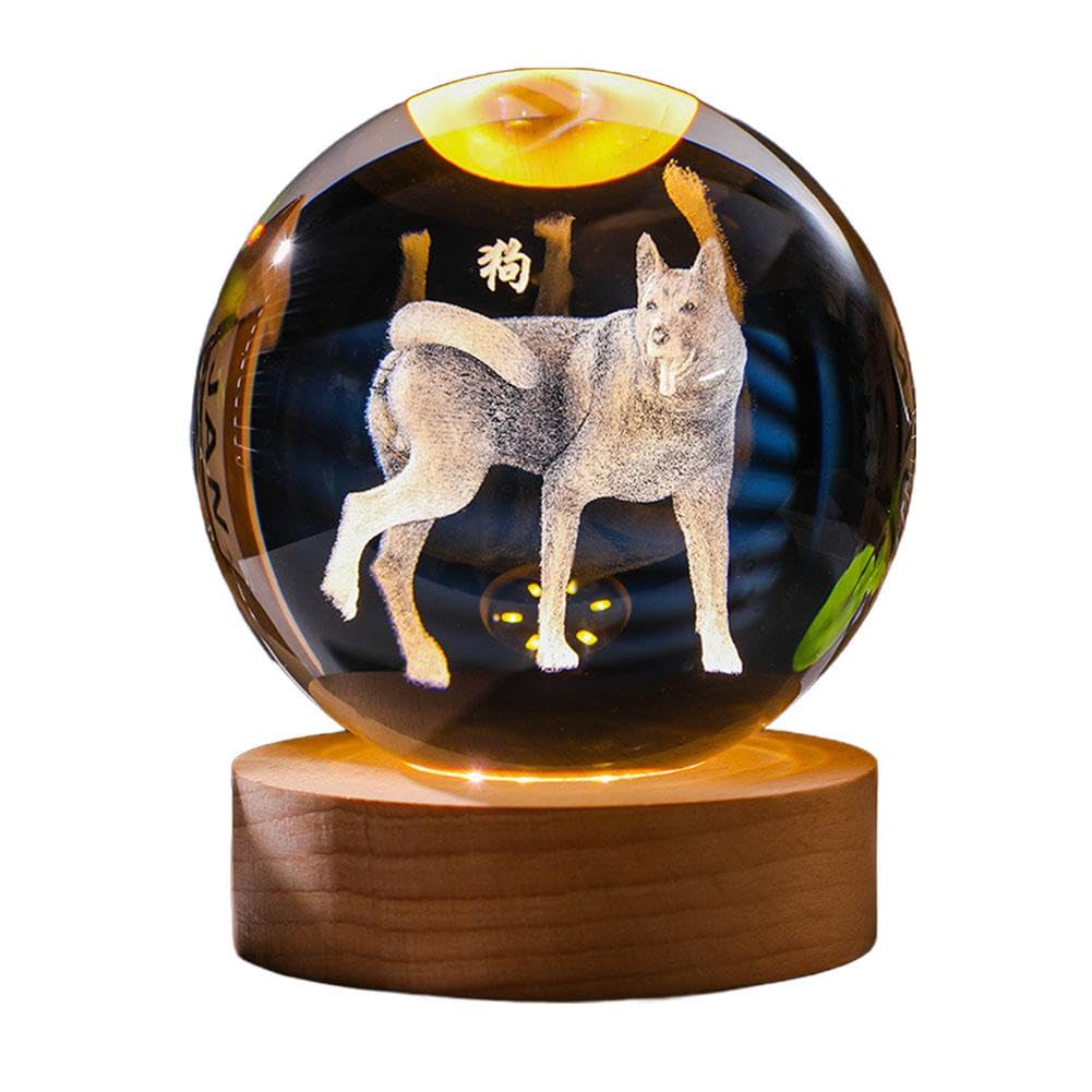 Chinese Zodiac Luminous Crystal Ball Night Light, Chinese Zodiac Horse 3D Crystal Ball with Wooden Lighting Base, Feng Shui Glass Sphere, New Year Birthday Gift, Home Furnishings (dog 8cm)