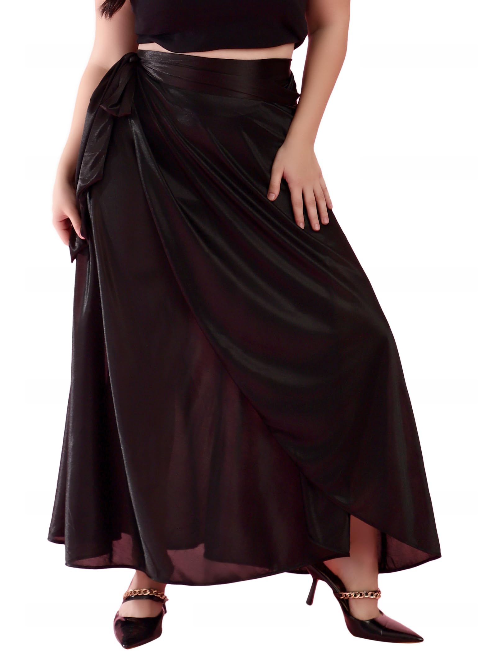 bodyfigure Women's Long Wrap Around Maxi Skirt | Women Wear Long Skirt (in, Alpha, XL, Regular, Black Satin Freesize)-picture-44