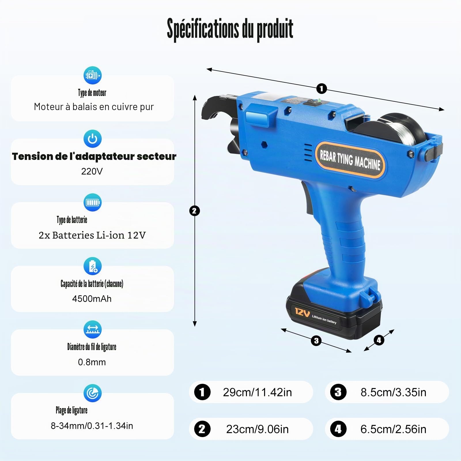 Relieuse électrique Rebar 12 V avec boîte de rangement, 2 batteries lithium-ion, longueur du fil 300-500 mm
