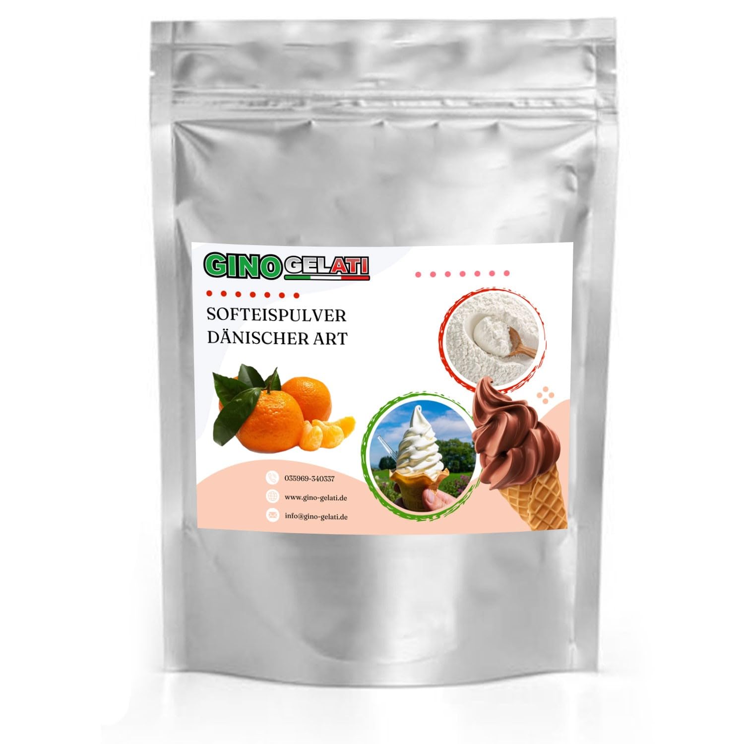 Gino Gelati Mandarine Dänisches Softeis Pulver 333 g, fruchtiger Geschmack, verschiedene Geschmacksvarianten, schnell und einfach Zubereitet, Made in Germany, Eis selber machen