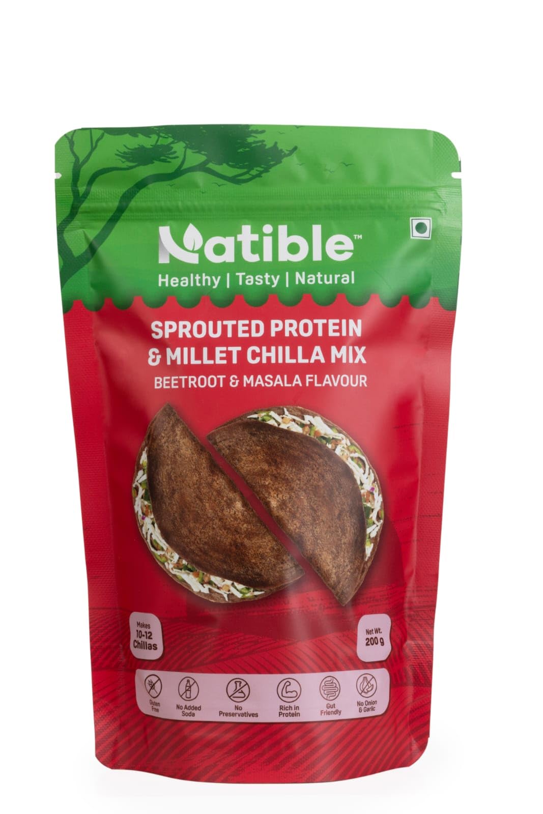 Natible Sprouted Protein & Sprouted Millet Instant Chilla Dosa Mix, Mix, Natural Healthy Protein & Fiber-Rich Breakfast, 200GM (Beetroot & Masala Flavour)