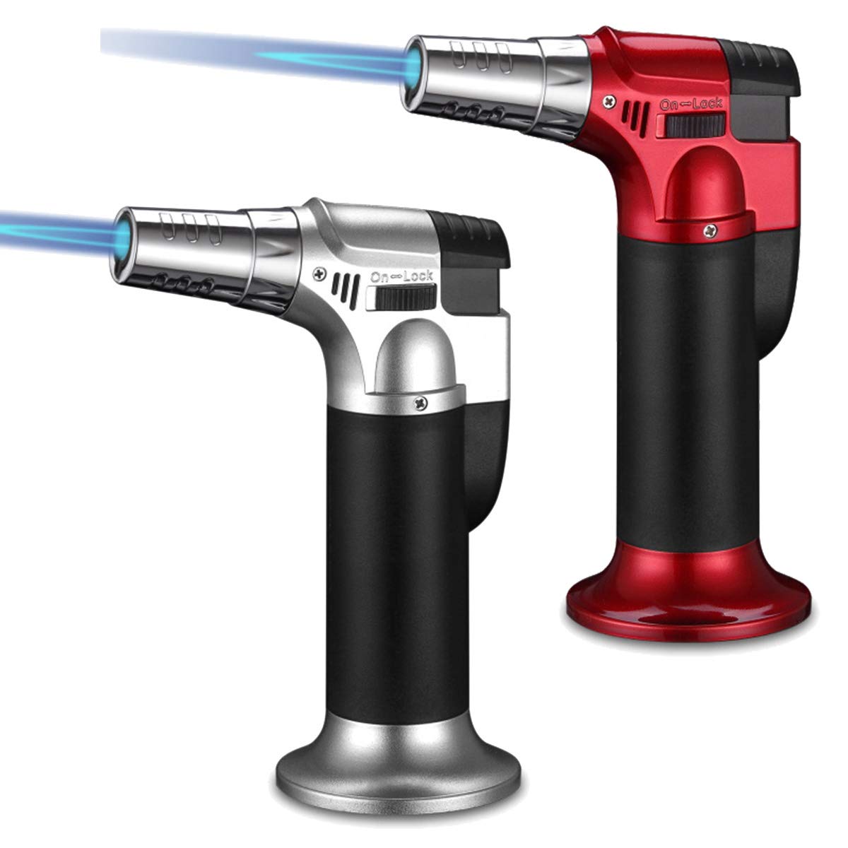 2pcs Blow Torch Lighter Butane Torch Lighter Refillable Kitchen Cooking Torch with Safety Lock Adjustable Flame for Desserts Creme Brulee BBQ Baking Camping-Butane Gas Not Included (Silver & Red)