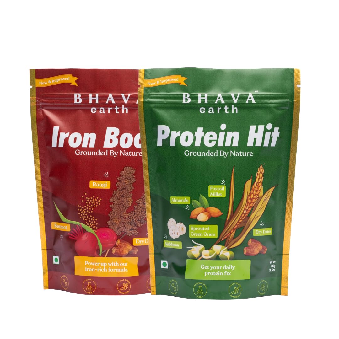 BhavaEarth Iron Boost & Protein Hit | Kids’ Nutrition Combo | 100% Natural | No Added Sugar | 600g (300g x 2)