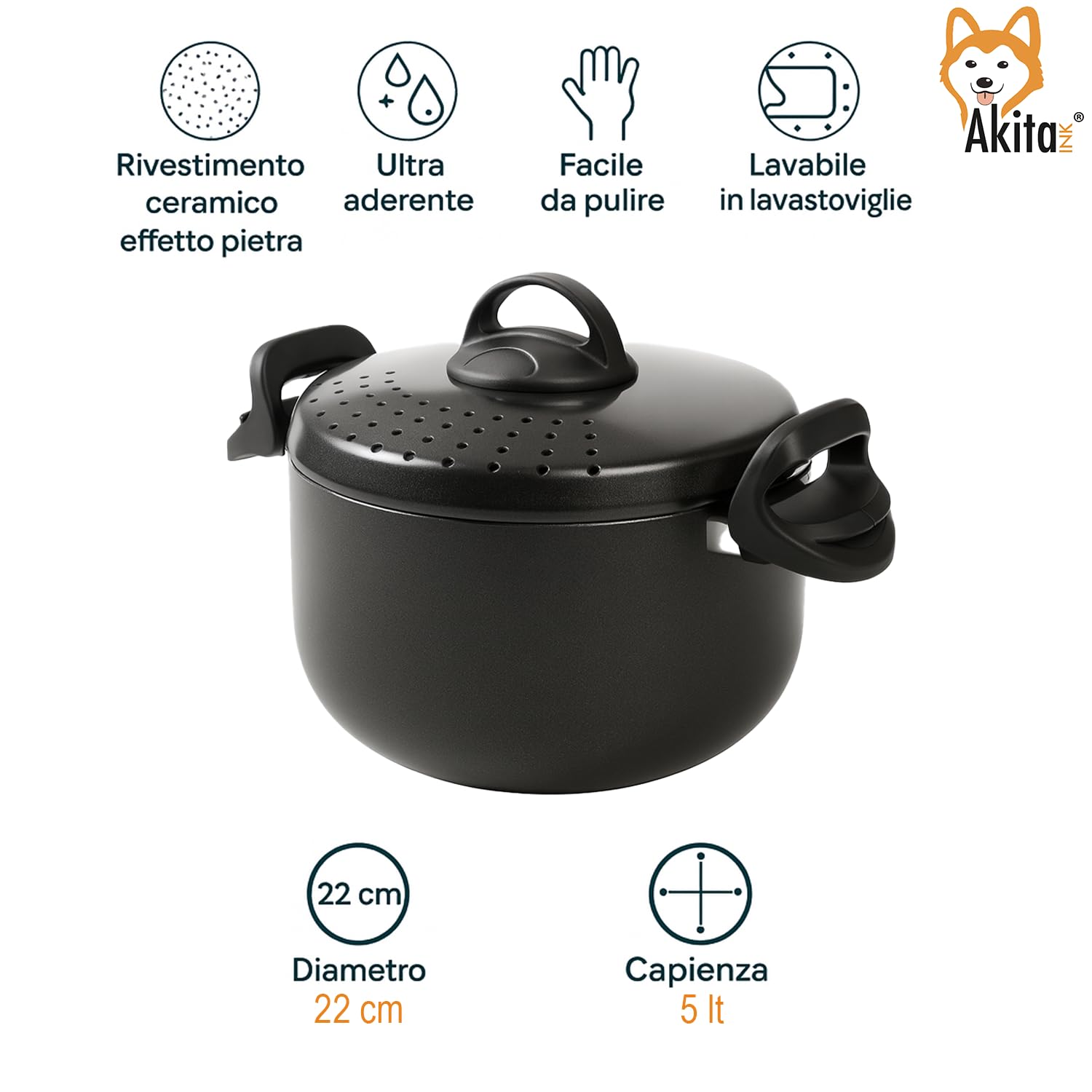 Akitaink Pentola 22cm 5L con Scolapasta Integrato Scoli’ - Pentola Antiaderente in Alluminio con Maniglie Bloccanti, Sicura, Pratica e Facile da Pulire, Scolì Made in Italy