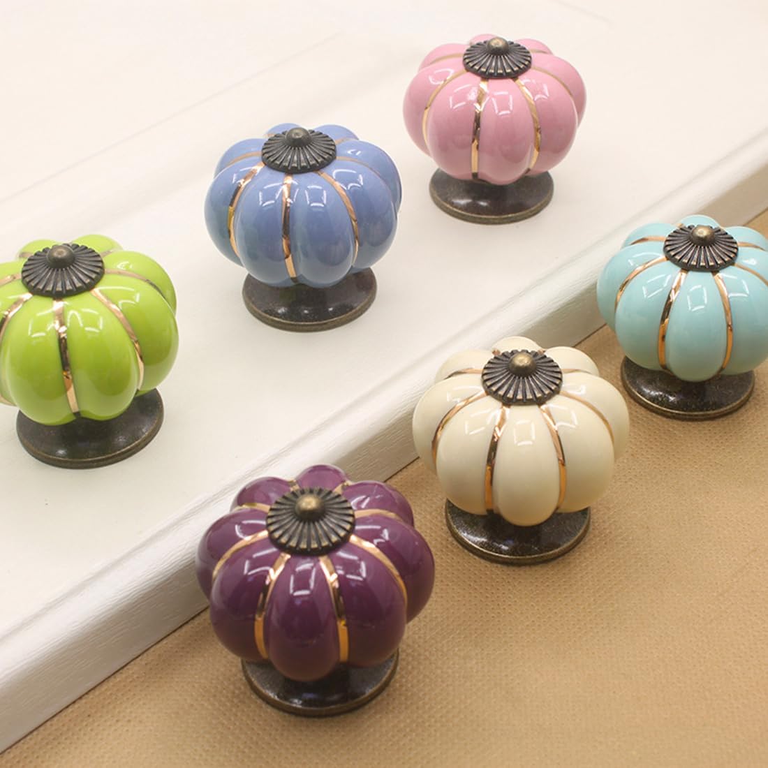 Ceramic Pumpkin Cabinet Knobs, [8 Pack] Vintage Sleek Pumpkin Door Pull Handles for Kitchen/Dresser Drawer/Cupboard/Wardrobe (Ivory, 8 Pieces)