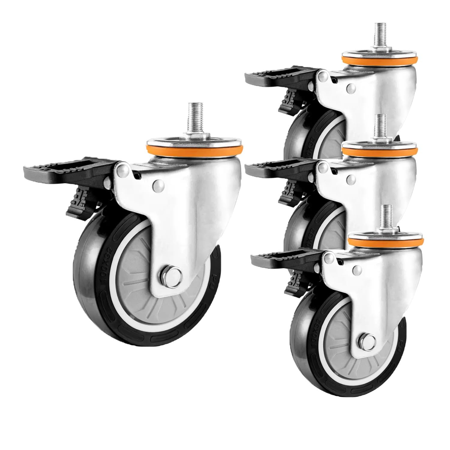 M14/16 Rotelle Girevoli con Perno Filettato, Set di 4 Ruote Pivotanti in Poliuretano, 75mm Rotelle for Mobili, Pesanti Ruota con Bloccaggio Totale for Carrello, Industriali Rotelle(With Brake
