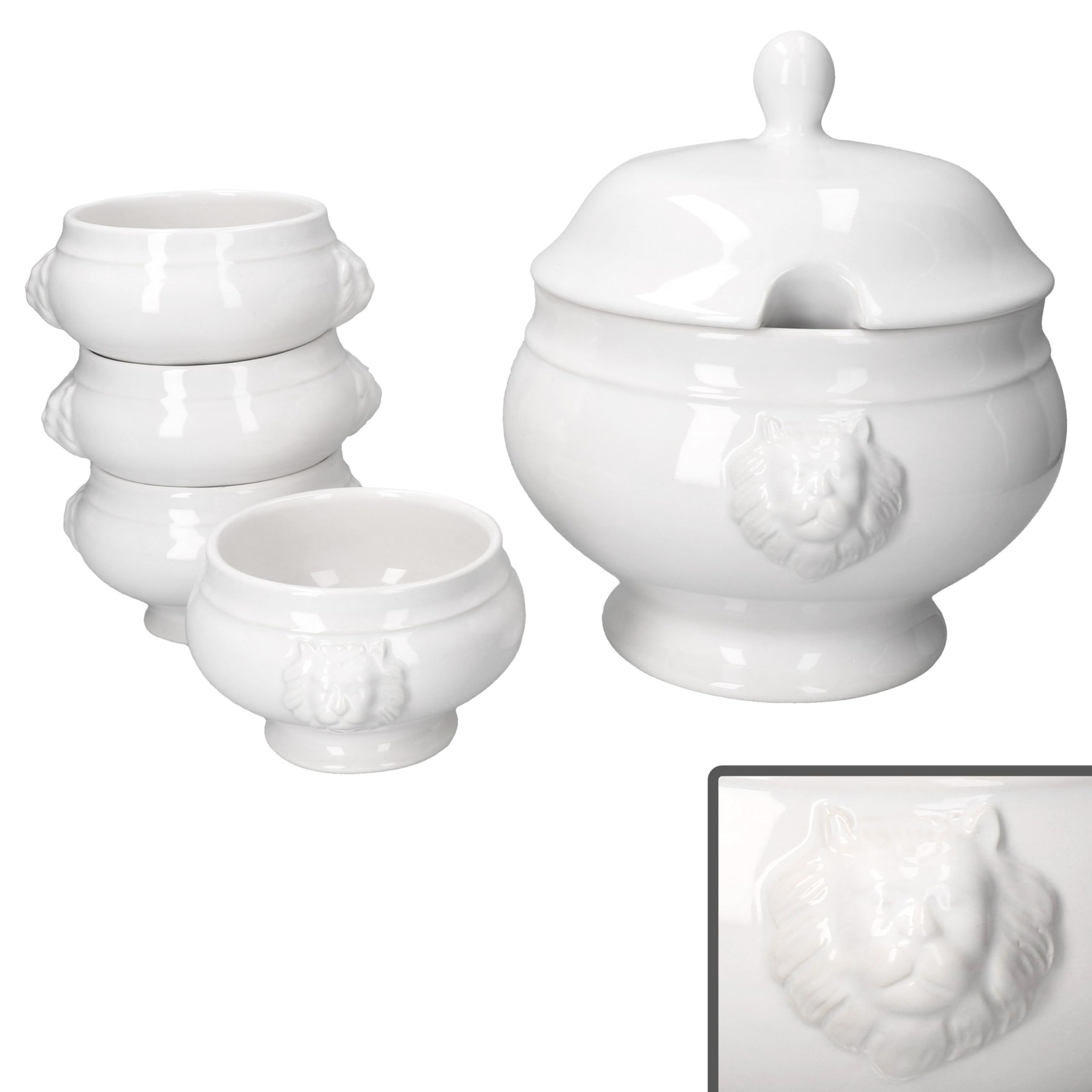 MamboCat 5tlg. Set LEO Löwenkopf-Terrine mit & ohne Deckel I 4x 0,25L & 1x 2 Liter I weiße Suppenschüssel mit Löwenköpfen für Suppe & Eintöpfe