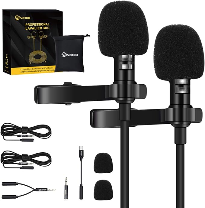 EIVOTOR 2 Pack Professional Lavalier Lapel Microphone