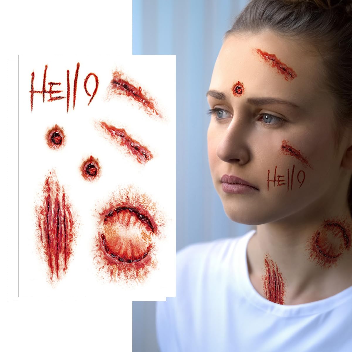 Horror Realistic Fake Bloody Wound Stitch Scar Scab Waterproof Temporary Tattoo Sticker Halloween Masquerade Prank Makeup Props (BIG SIZE)