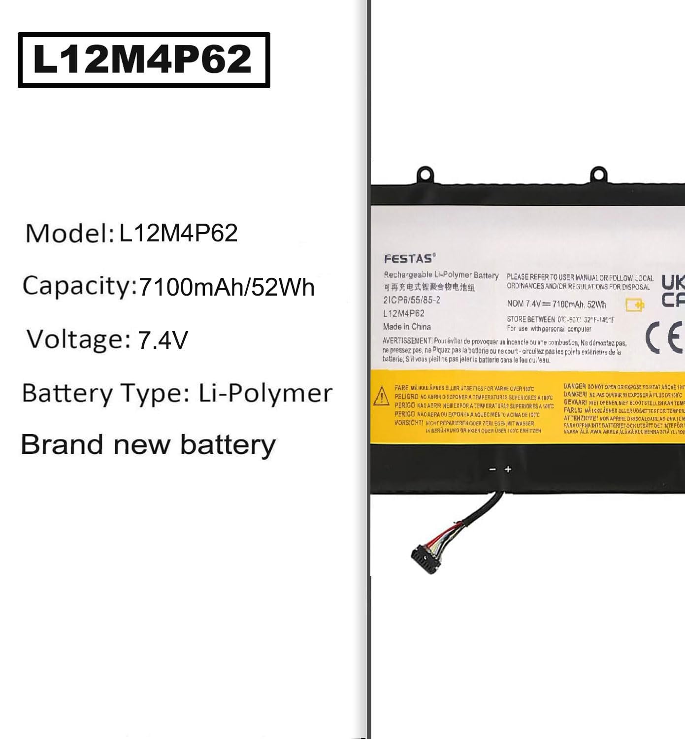 FESTAS 7,4 V, 7100 mAh, 52 Wh, langes Kabel L12L4P62 L12M4P62, Akku, kompatibel mit Lenovo Ideapad U430 U530 Touch Series L11L6P61 L11M3P62 2ICP6/55/85-2 3ICP8/60/60 Computer / Laptop