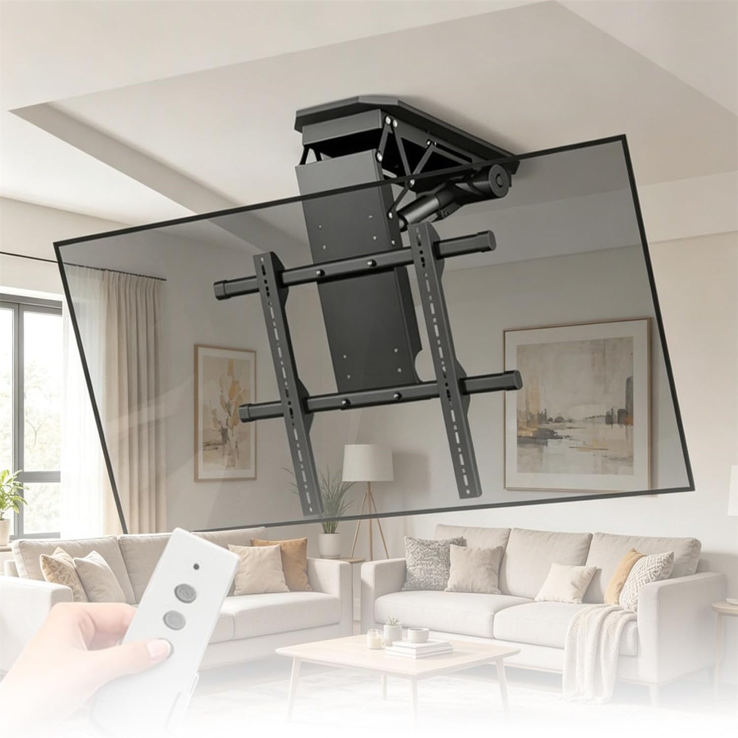 HajMyrdonyx 0-85° Angle Adjustment Electric Ceiling Tv Mount, Hidden Drop Down Lift, Telescopic Electric Lift With Auto Lifting, Motorised Tv Bracket Fits 50-90 Inch Tvs, Load Capacity 80kg