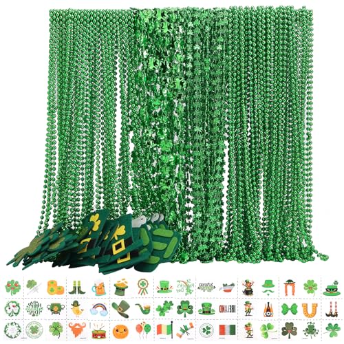 Becfupo 196Pcs St. Patrick's Day Accessories: 100 Pcs Metallic Green Beaded Necklaces & 96 Pcs Temporary Tattoo Stickers - Irish Party Favors