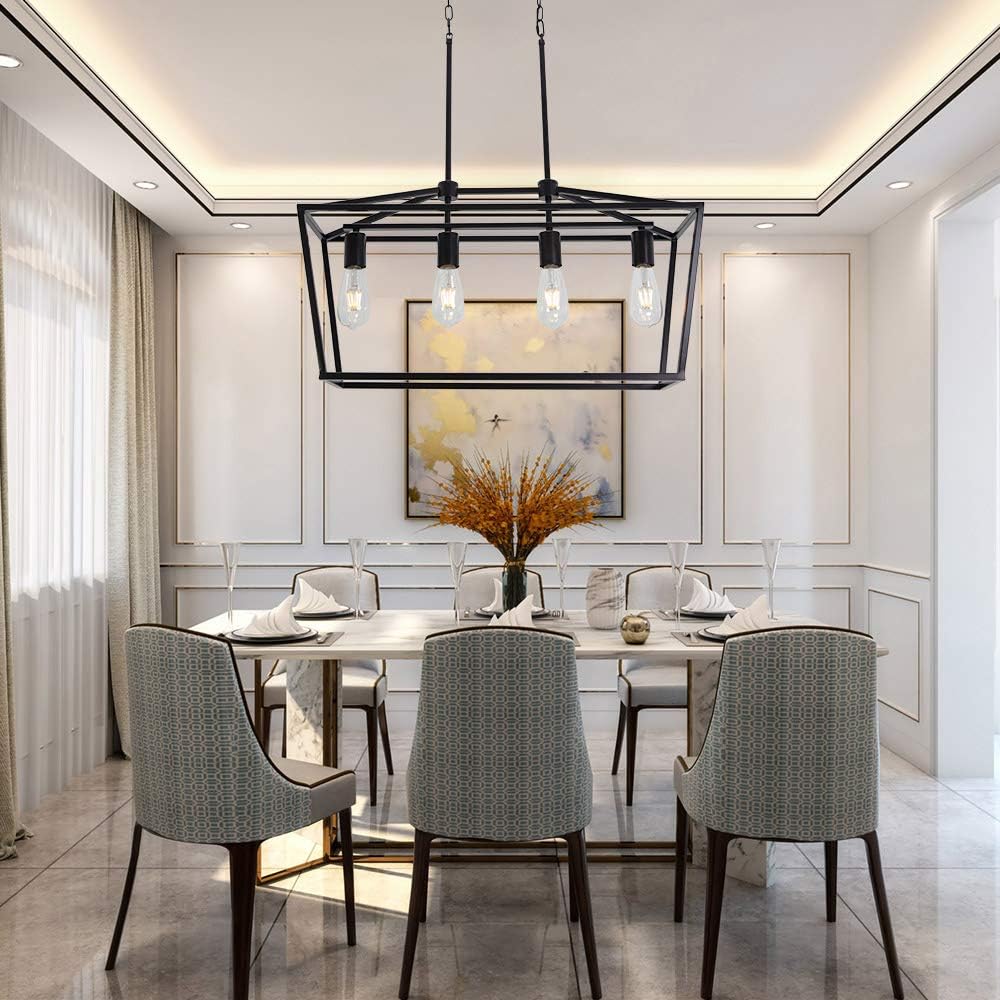 Exсluѕіvе 4 Light BONLICHT Vintage Pendant Lighting in Matte Black Finish Classic Square Chandelier Linear Farmhouse Island Light Fixture for Dining Room Bedroom Kitchen