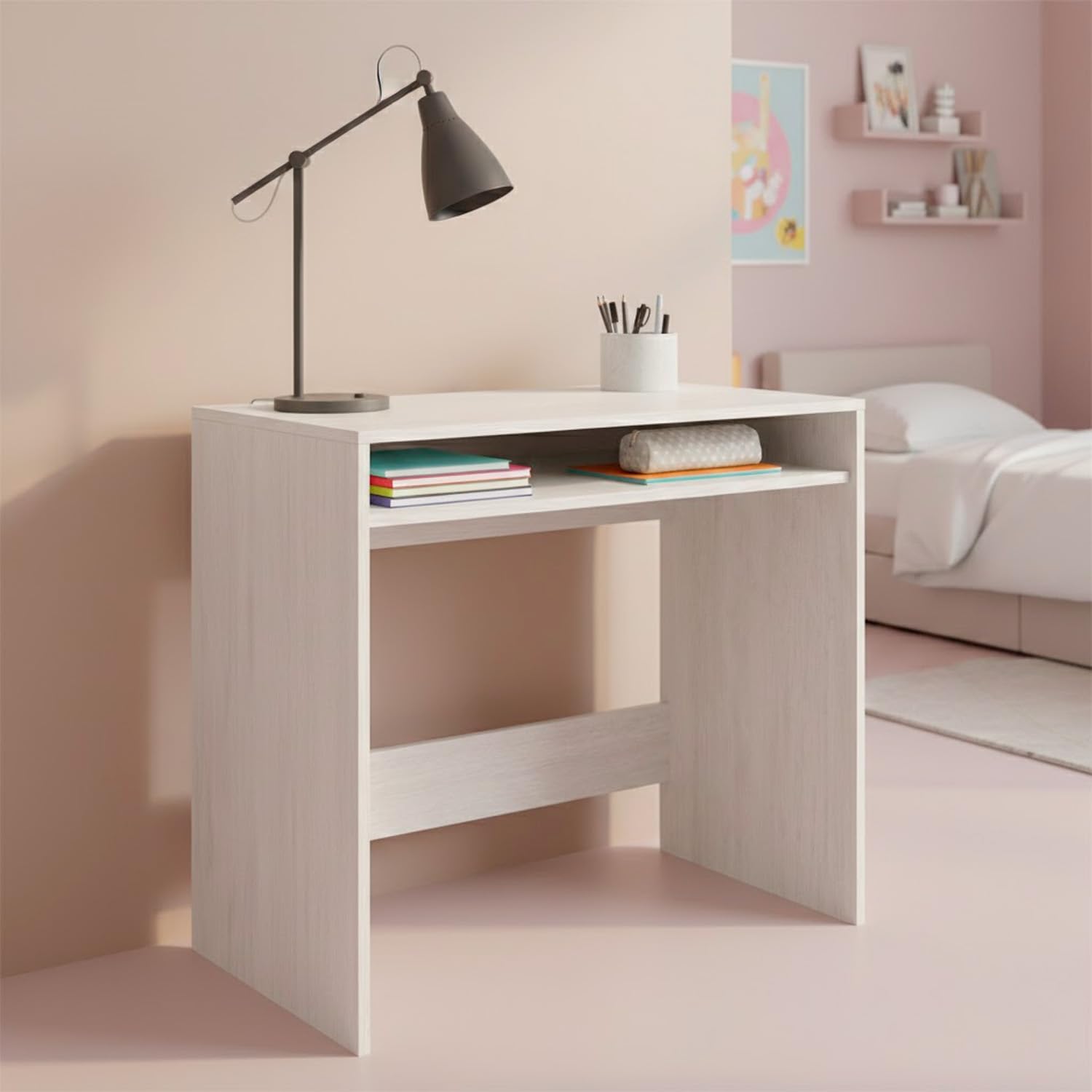 Arreditaly Scrivania Da Studio Compatto Tavolo Con Vano Portaoggetti Integrato Design Moderno Per Home Office Cameretta E Smart Working 79 x 43 x 78 Cm Bianco Frassino