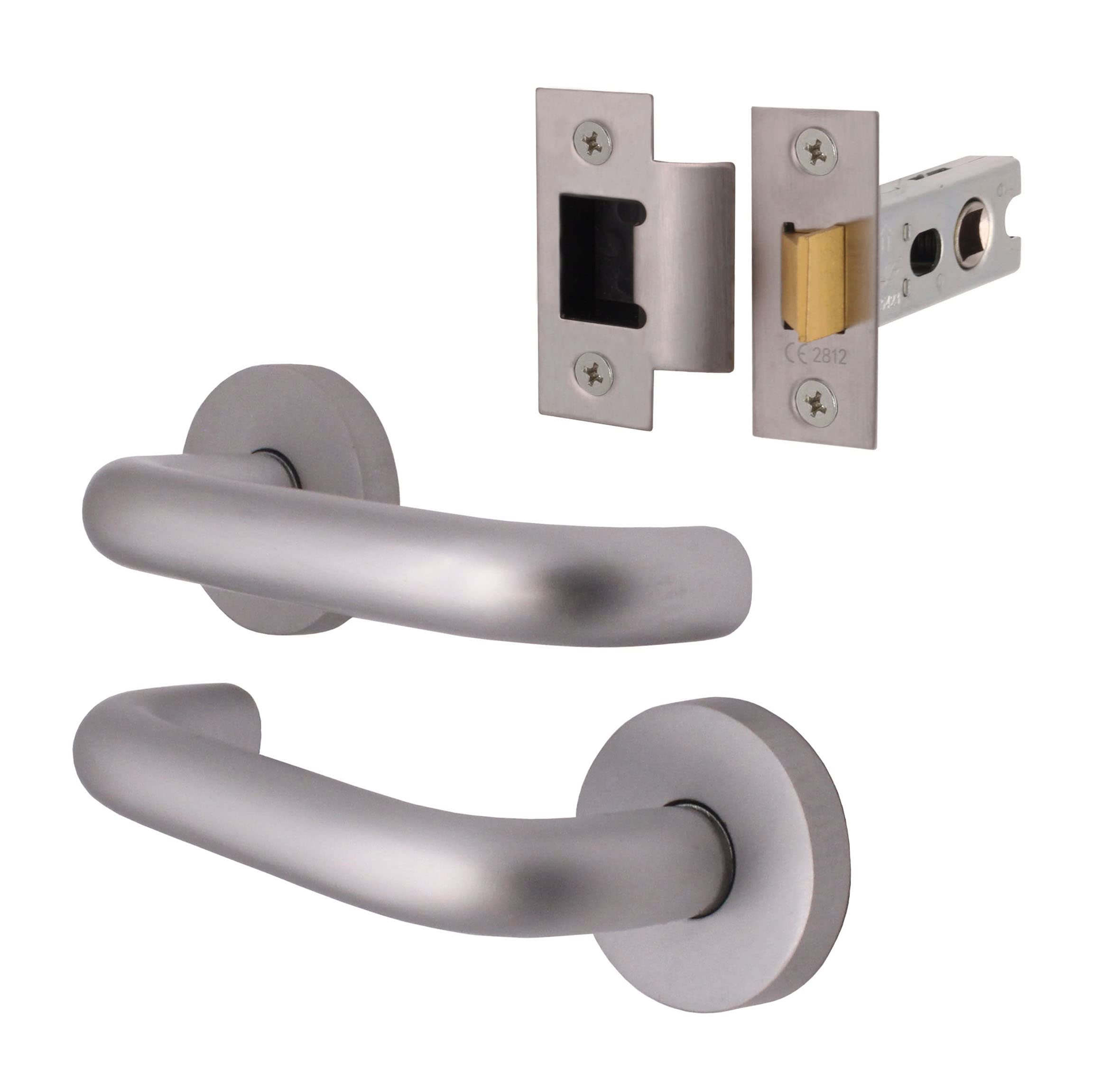 Eai Satin Return To Door Lever On Rose Handle & Latch Kit | Aluminium | 66Mm Latch