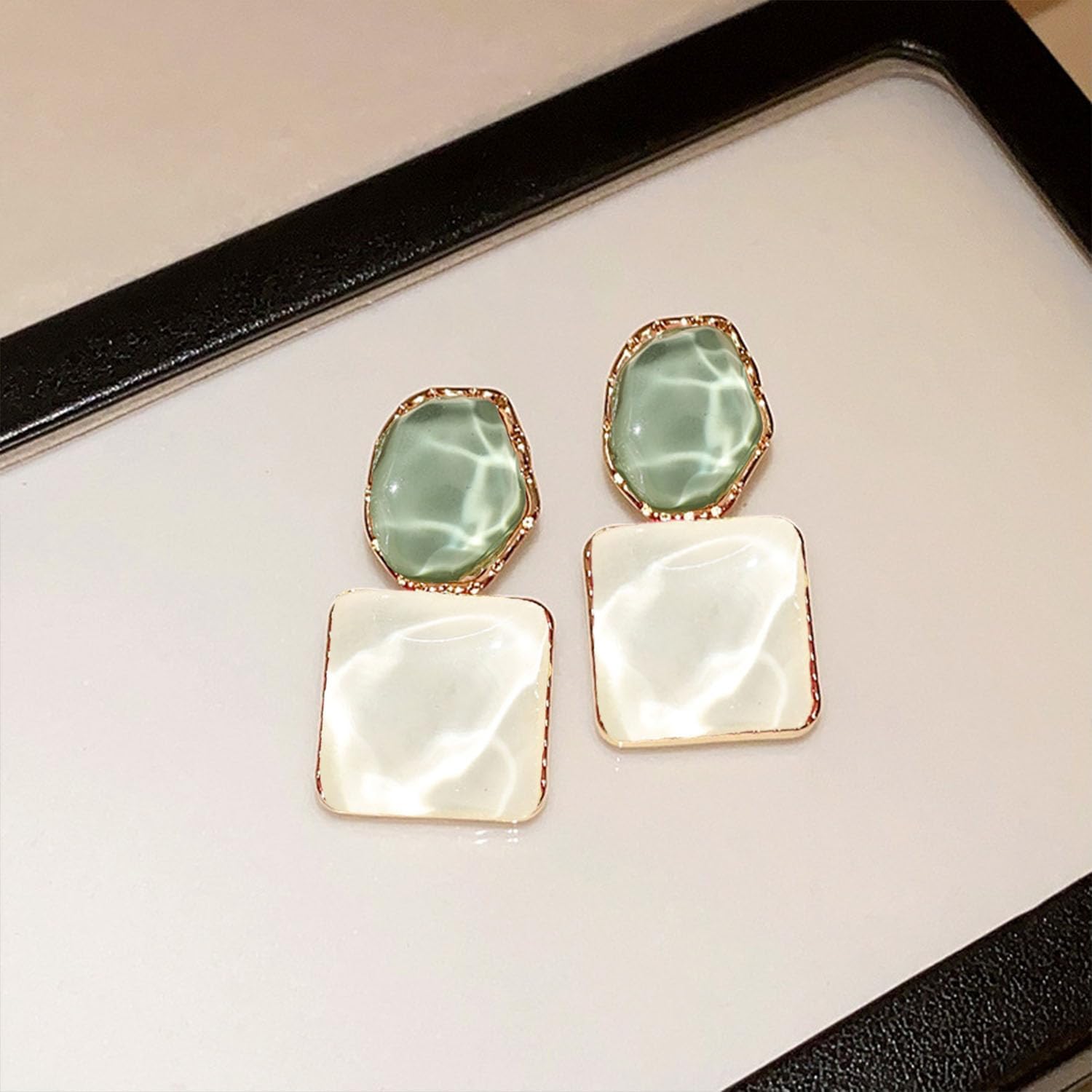 Green Geometric Statement Earrings for Women Unique Dangle Earrings Large Drop Earrings Gold Stud Earring Prom Jewelry for Women - Image 6