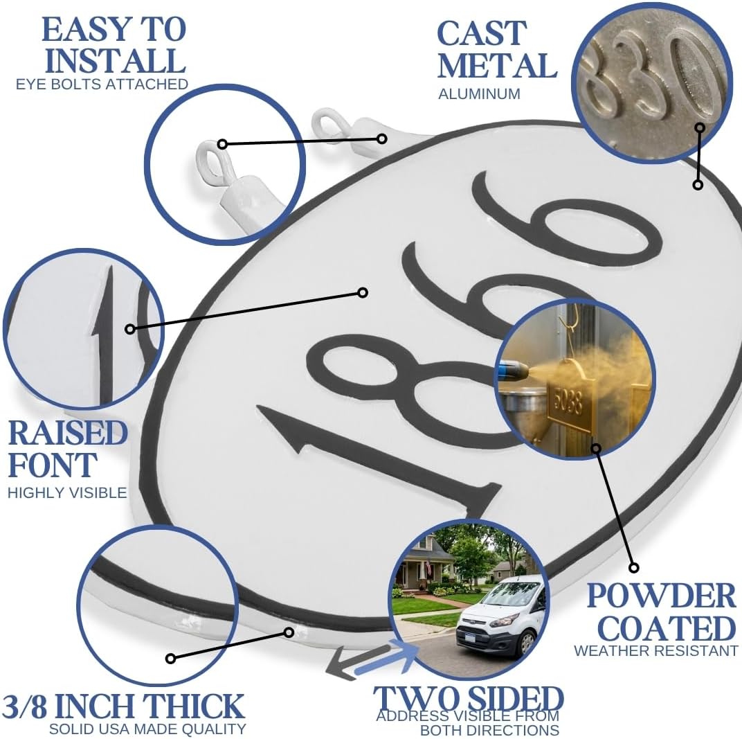 Montague Metal Products - Two Sided Address Sign - Double Sided Hanging House Number Plaque - 26 Color Options-Double Sided Hanging Classic Oval Standard Address Sign Plaque - Powder Coated Aluminum(Holds up to 5 Digits)