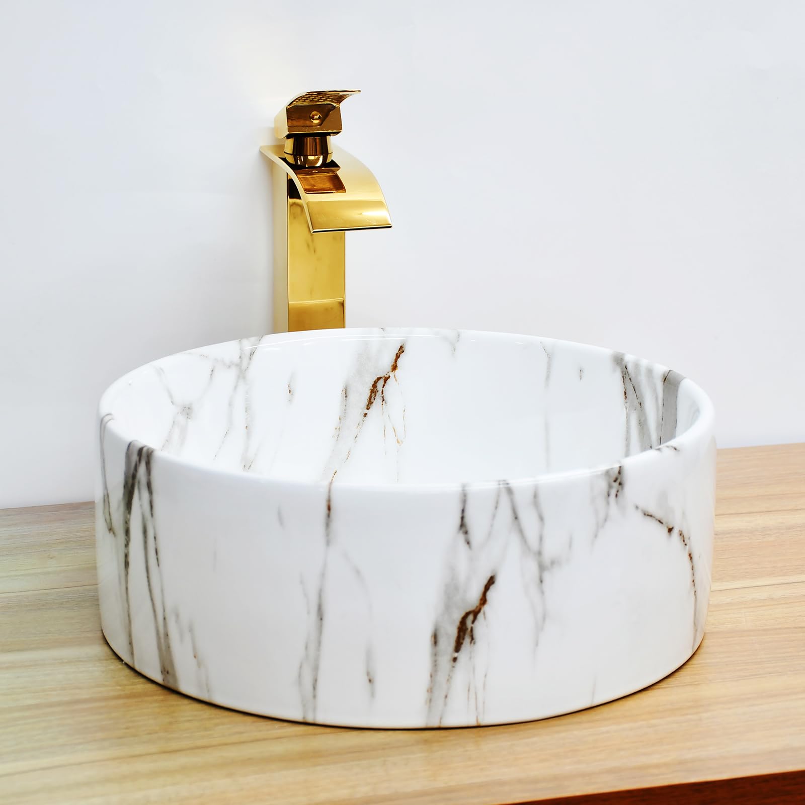 KECTIAKL 16" White Marble Ceramic Vessel Sink – Oval Above-Counter Bowl With Waterfall Faucet & Pop-Up Drain Combo