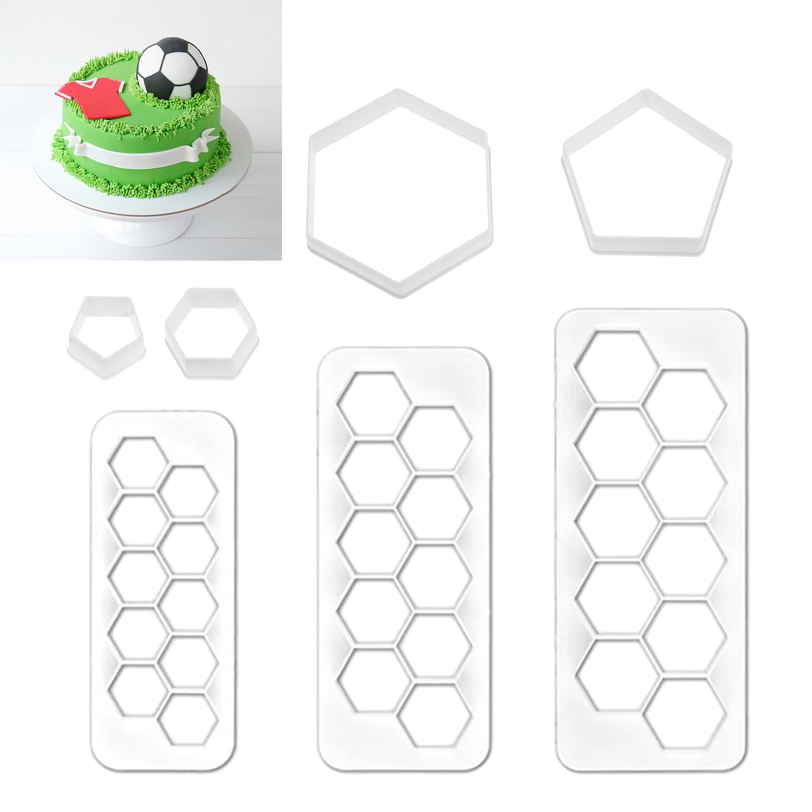 7 Pcs Football Pattern Cookie Cu-tters,Hexagon Cookie Cu-tter,Hexagon Cake Fondant Cu-tter,Soccer DIY Fondant molds Cu-tters Soccer World Cup Sugar Craft Moulds Cake Desserts Decorating Tools(White)