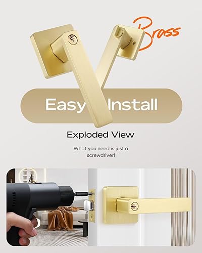 Miniatura 6 de Leydebong Paquete de 4 palancas de bloqueo de entrada resistentes, mango dorado, con llave igualcombo de entrada, reversible para izquierda o derecha