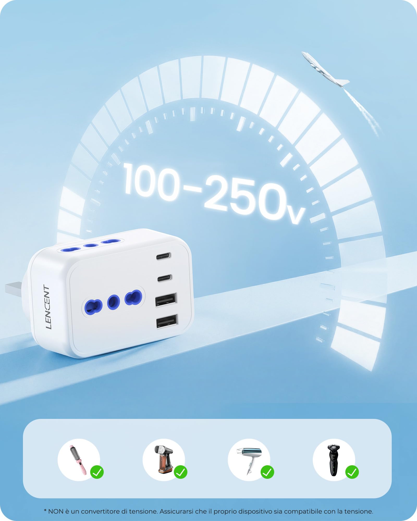 LENCENT Adattatore Presa Inglese da Viaggio, Spina Tipo G con 3 Prese Italiane e 4 Porte USB (USB-C 15W), 7 in 1 Presa UK da Viaggio per Regno Unito, Irlanda, Dubai, Maldive, Malta, Scozia -3250W