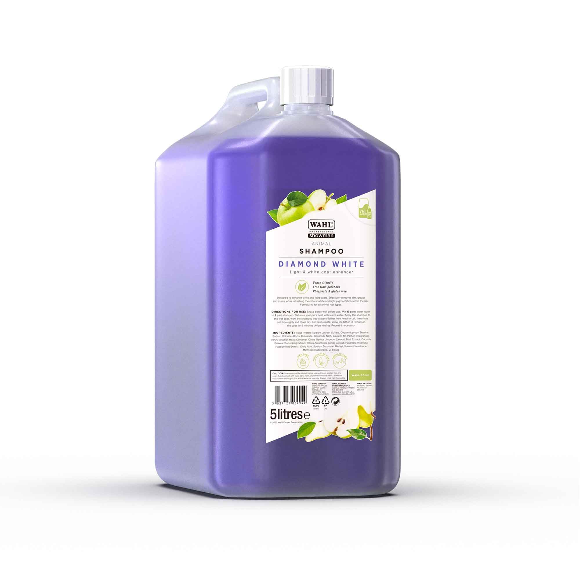 Wahl Diamond White 5L Animal Shampoo, 15:1 Concentrate for Enhancing White and Light Coats, Helps Remove Dirt, Grease and Stains, Brightening Formula Suitable for All Coat Types