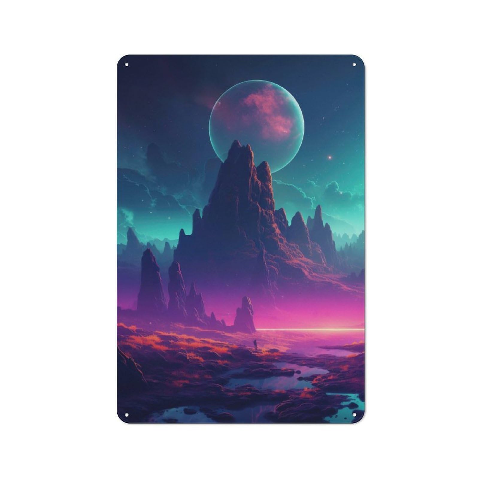 Junmoney Nocturnal Synthwave Peaks Retro Metal Wall Sign 30X20cm Featuring For Hallway Wall, For Garage, Workshop And Man Cave Decoration