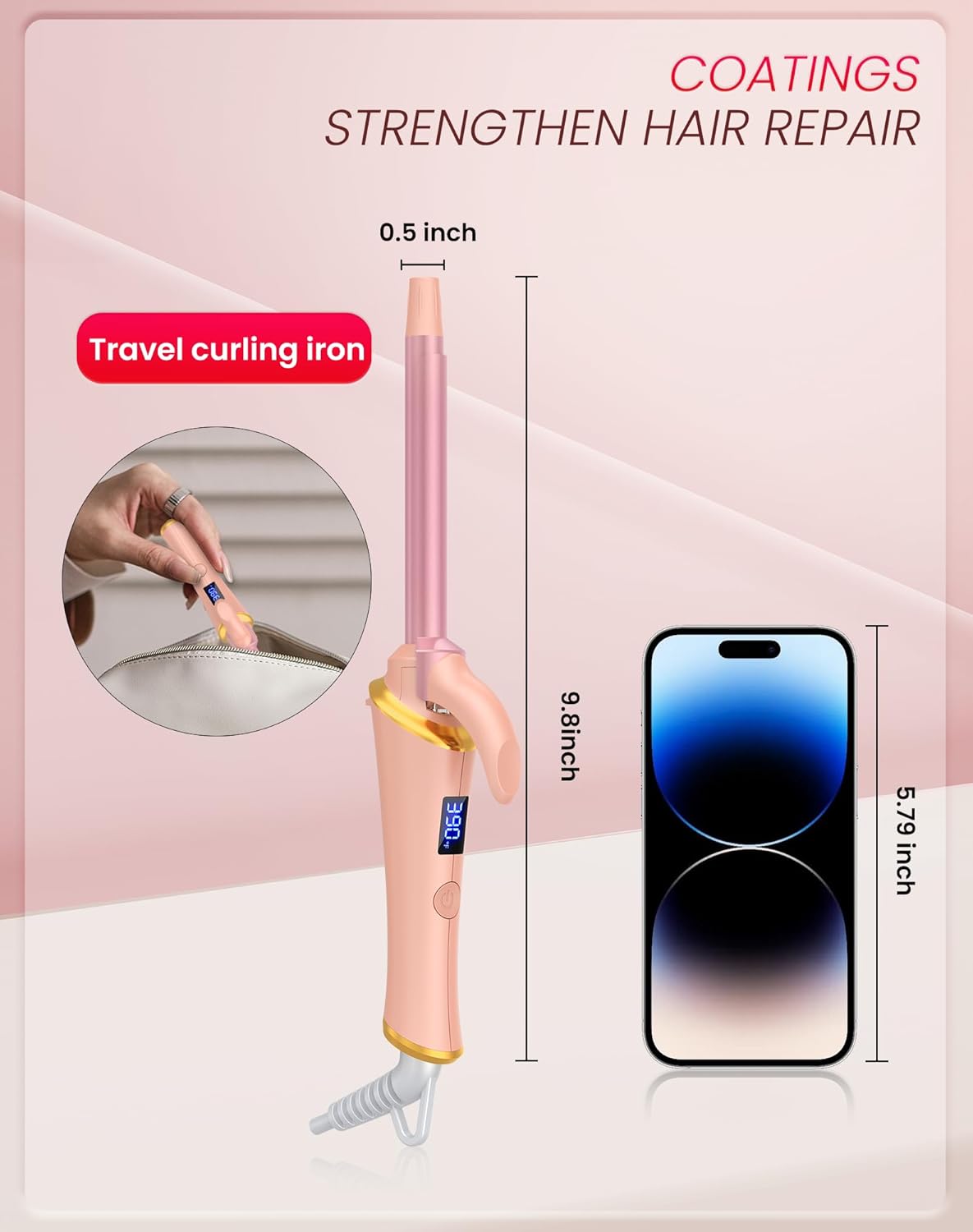 Ukliss Mini Curling Iron for Short Hair, Creates Perfect Tight Ringlets & Bangs, Fast Heat 30s, 5 Temp Settings, Dual Voltage, Auto Shut-Off & Anti-Scald Tip, Travel Friendly (Pink, 1/2 inch) - Image 6