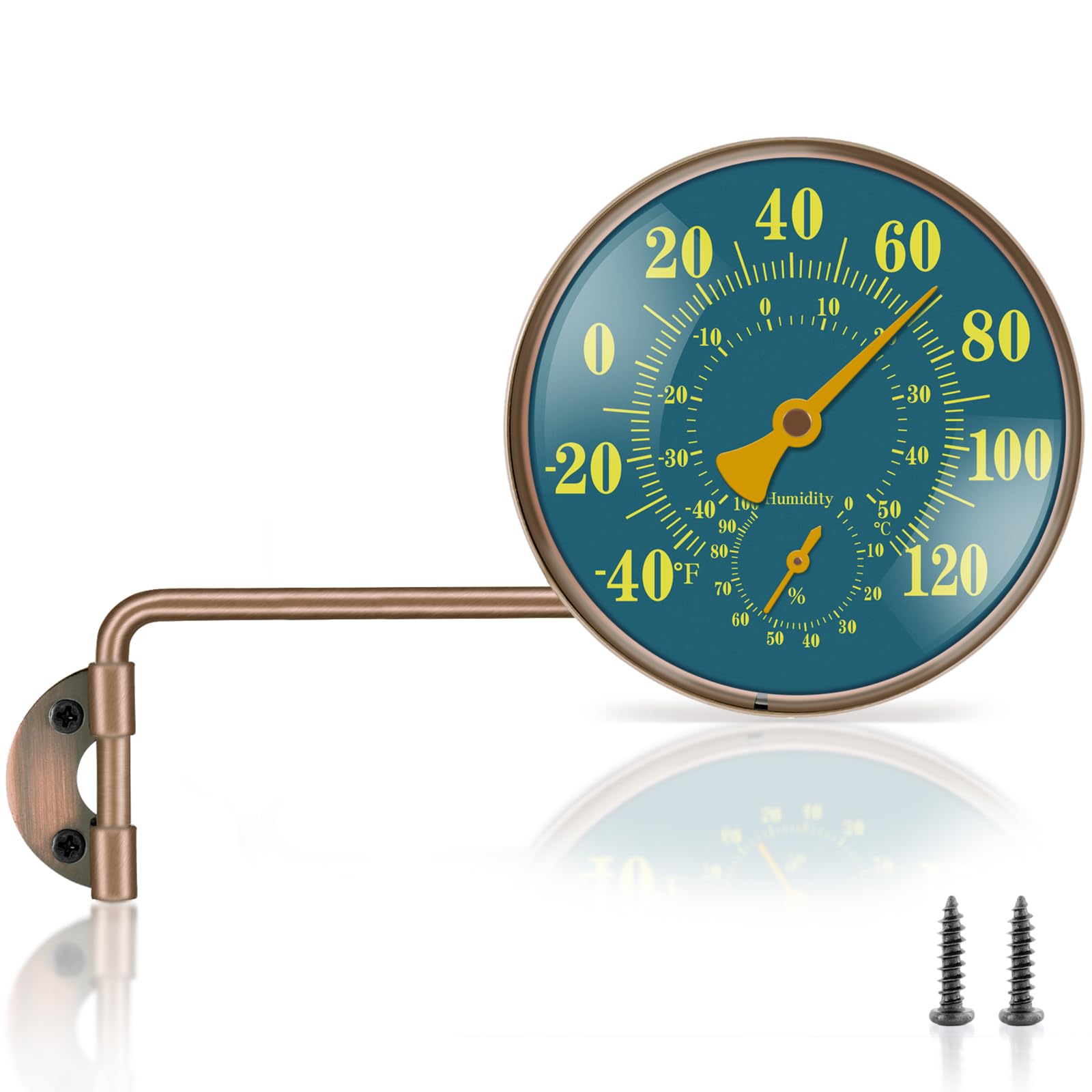 10,2 cm Messing-Außenthermometer, Messing-Schwenk-Temperaturmessgerät mit Luftfeuchtigkeit, Analog-Temperaturanzeige, Außen-dekoratives Thermometer für Terrasse, Fenster, Gewächshaus, Garage (lange