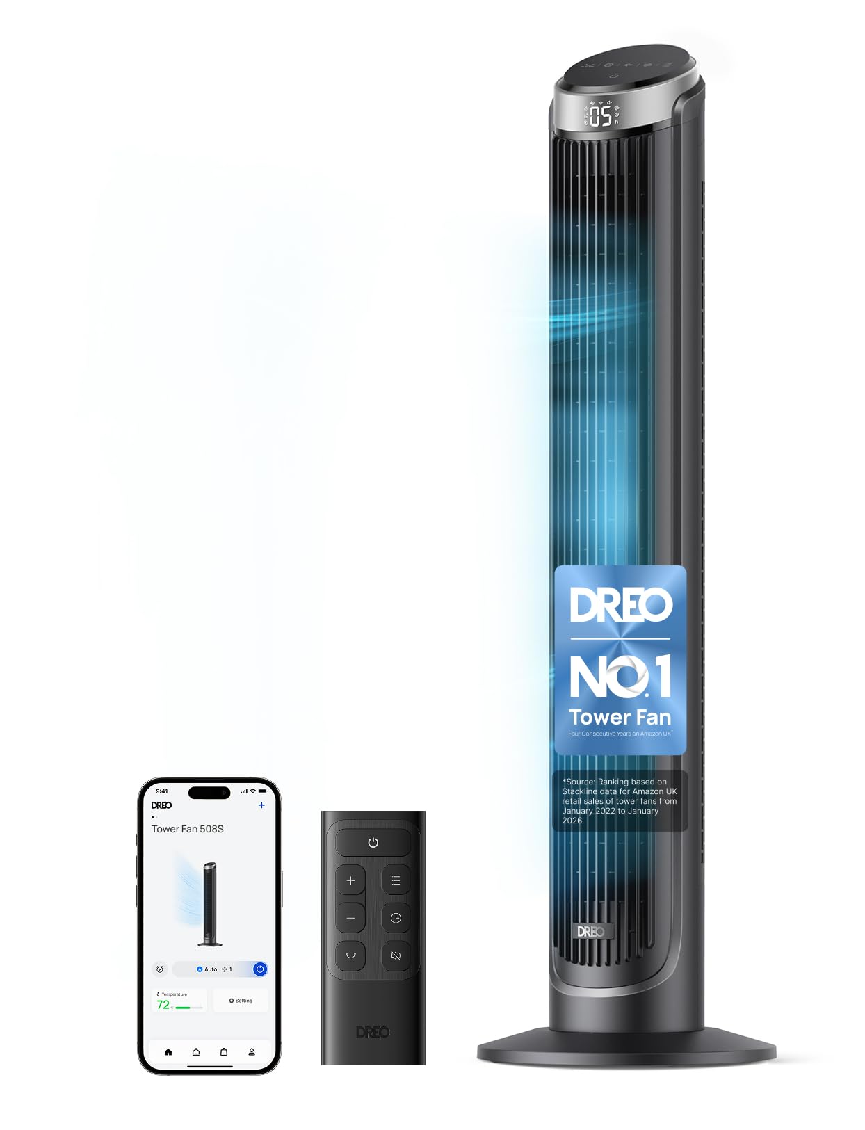 DREO Smart Tower Fan for Bedroom, 90° Oscillating 40" Standing Fan, 7.9m/s High-Speed 5 Speeds 4 Modes, Quiet Room Floor Fans, Touch/Remote/APP & Voice Control, Work with Alexa, 12H Timer, Silver