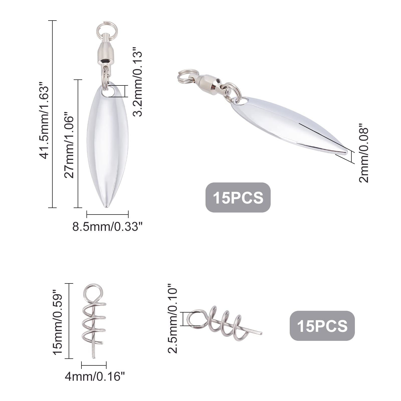 SUPERFINDINGS 15pc Leurres De Pêche Spinner Lames Argentées Acier Inoxydable Avec Émerillons