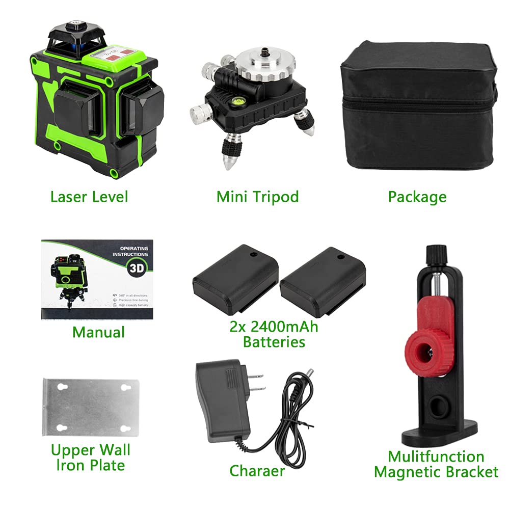 Nivel Laser Autonivelante Nivel Laser 360° Laser Verde 3D Nivelador Láser 2 Batería Recargable Horizontales Verticales Laser Potente Herramienta De Nivelación (12 líneas)