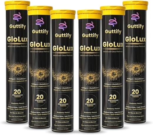 Guttify GloLux Blueberry Effervescent Tablets with Marine Collagen, L-Glutathione, Hyaluronic Acid and Vitamins for Skin G...