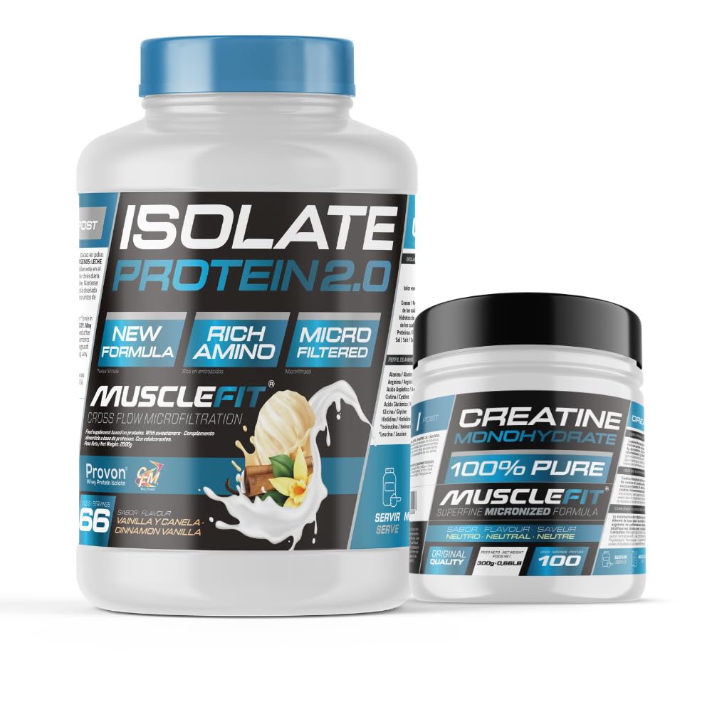 MuscleFit - Pack ISOLATE Protein 2kg Sabor Vainilla y Canela + Creatina 300g