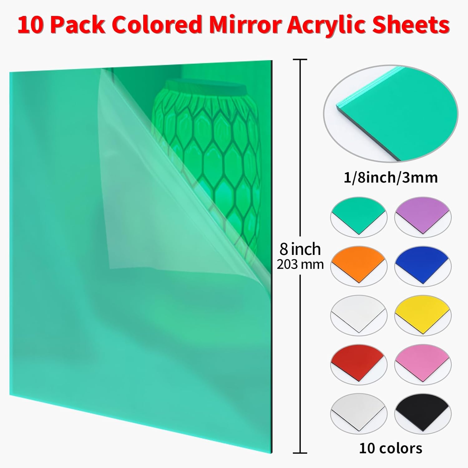 Mirror Acrylic Sheets 1/8 ” Thick - 10 Pack 8 X 8 inch Muliticolored Plexiglass Panels Blanks for Laser Cutting and Engraving for DIY Crafts Projects