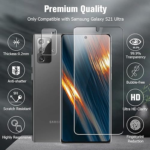 Miniatura 4 de Paquete de 3 + 2 protectores de pantalla para Galaxy Note 20, con 2 protectores de lente de cámara, dureza 9H, compatible con huellas dactilares,