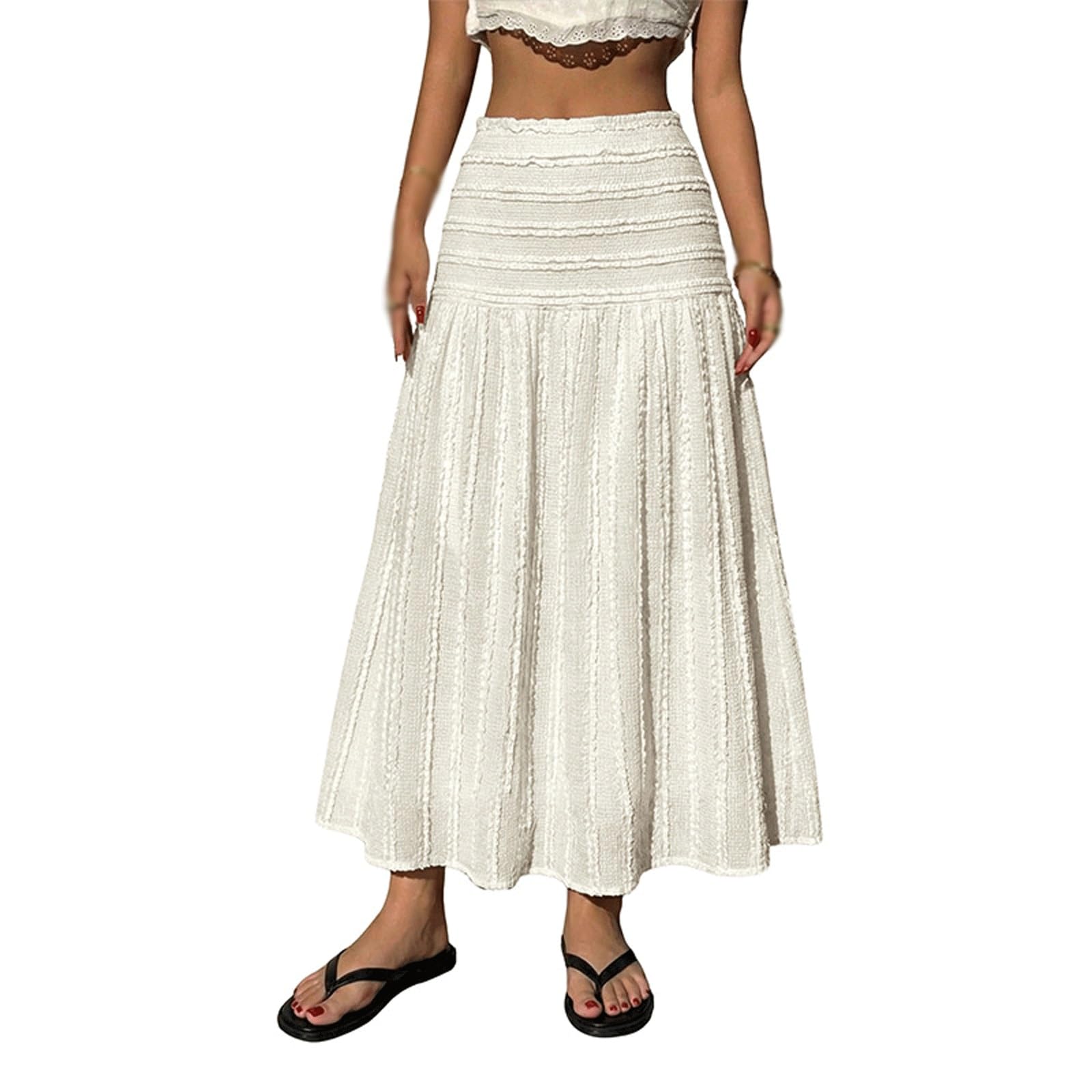 DUddTTW Elastic Waist Women's Maxi Skirts Solid Color Midi Long Skirt Textured(Lagre)