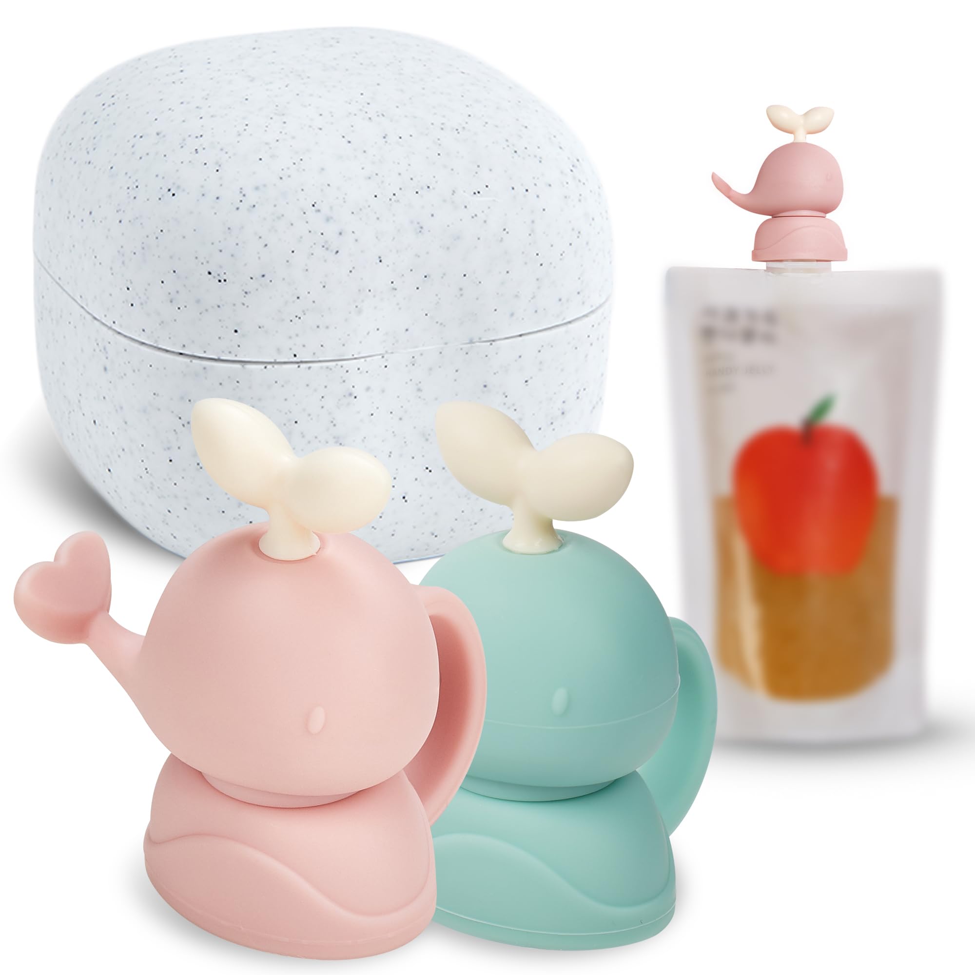 Whale SoftSip Food Pouch Topper | 2EA + Travel Case | Prevent Spills & Leakage | Protect Child Baby Toddler Mouth | Food Grade Silicone Reusable | Baby Led Weaning | BPA Free| Mint+Pink