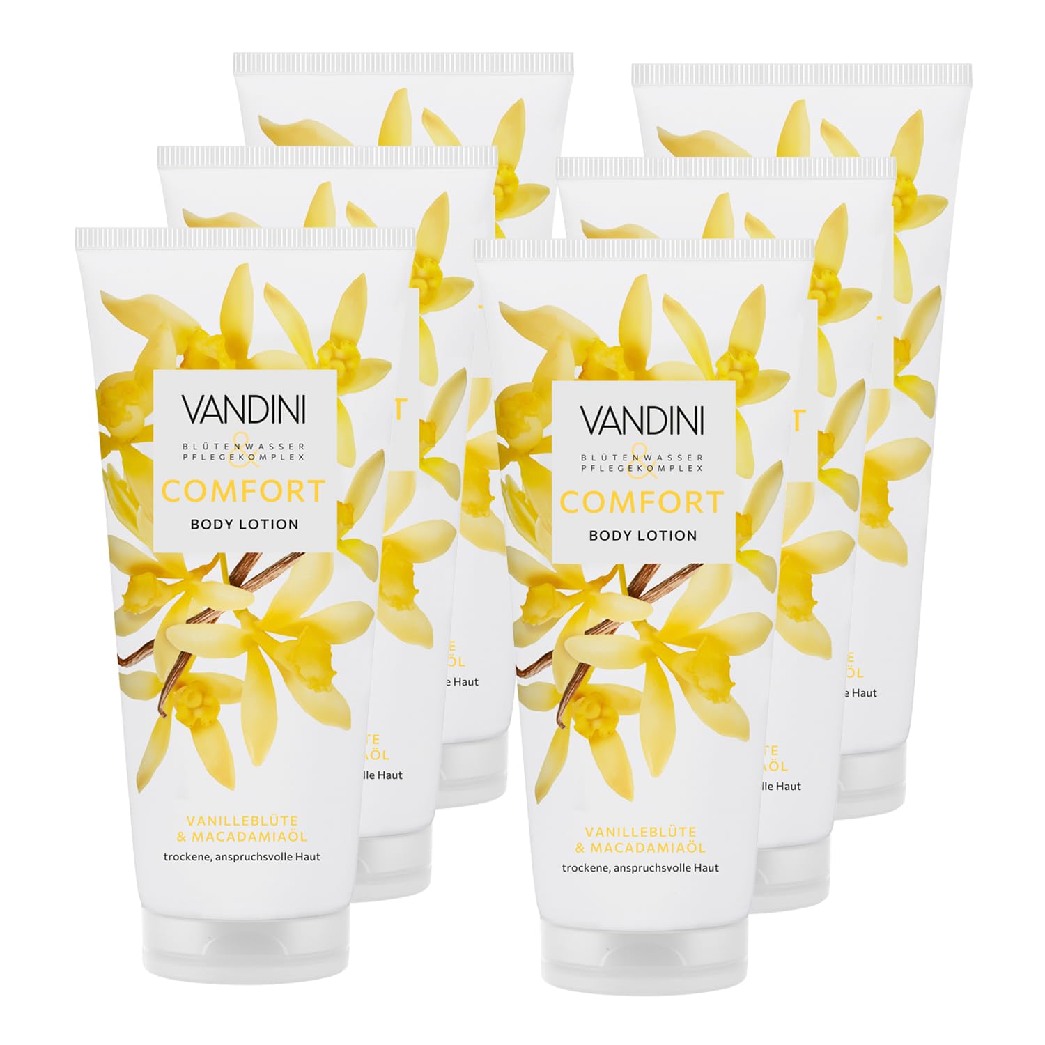 VANDINI 6 x COMFORT Balsam do ciała dla kobiet, 200 ml, z kwiatem wanilii i olejkiem makadamia – balsam do ciała do suchej, wymagającej skóry – wegański, bez parabenów i silikonów, Made in Germany