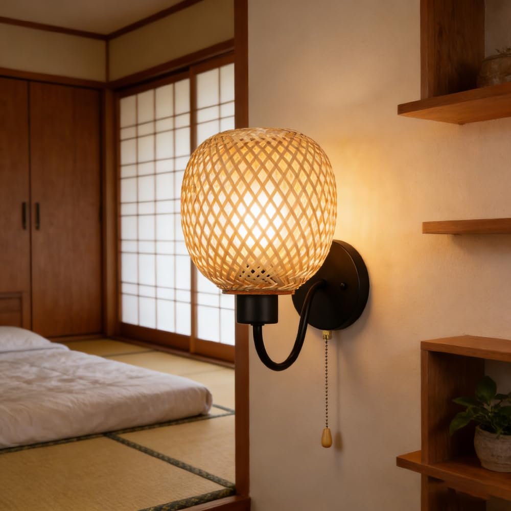 XINYASEE Handwoven Bamboo Rattan Wall Sconce with Pull Chain - 2 Color Options Natural Wicker Wall Light Fixture, Bohemian Wall Lamp for Bedroom, Living Room, Farmhouse Decor, E27 (A)