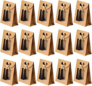 Jingying 15 Pezzi Sacchetti di Carta Marrone, Sacchetti Regalo con Manici, Scatole Cartone Regalo, Sacchetto Regalo Marrone con Finestra Trasparente, per Confezionare Regali Banchetti, Caramelle