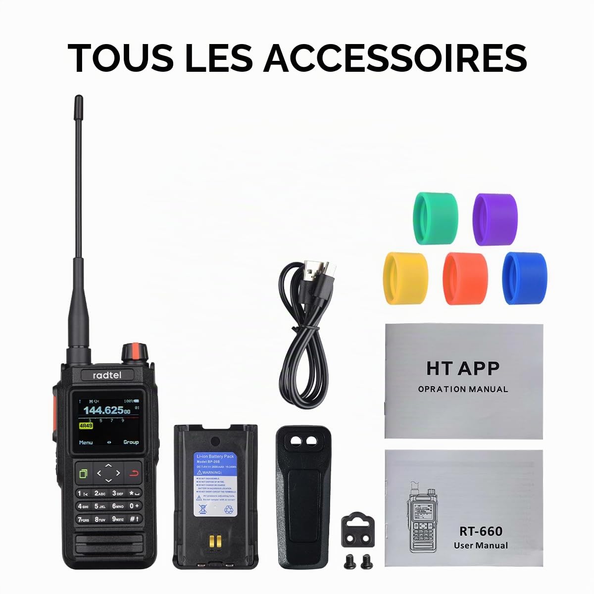 Radio bidirectionnelle Radtel RT-660 IP67 GPS Bluetooth VHF/UHF bibande avec APRS, SATCOM, Kiss, TNC, SMS, Scanner de trafic aérien, alertes météo NOAA et Batterie Rechargeable USB-C