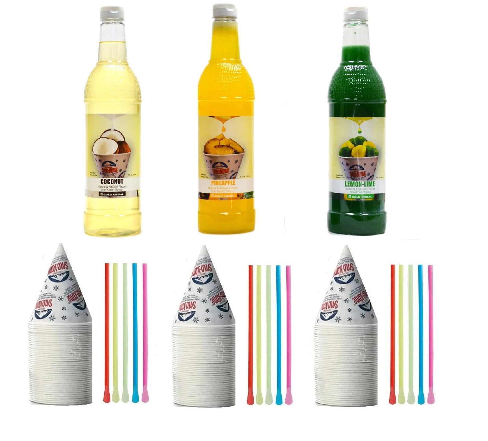 Snow Cone Kit – Bundle of 3 Flavored Syrup Bottles, Spoon Straws, Cups - Snow Cone Supplies for Ice Chips, Sodas, & More