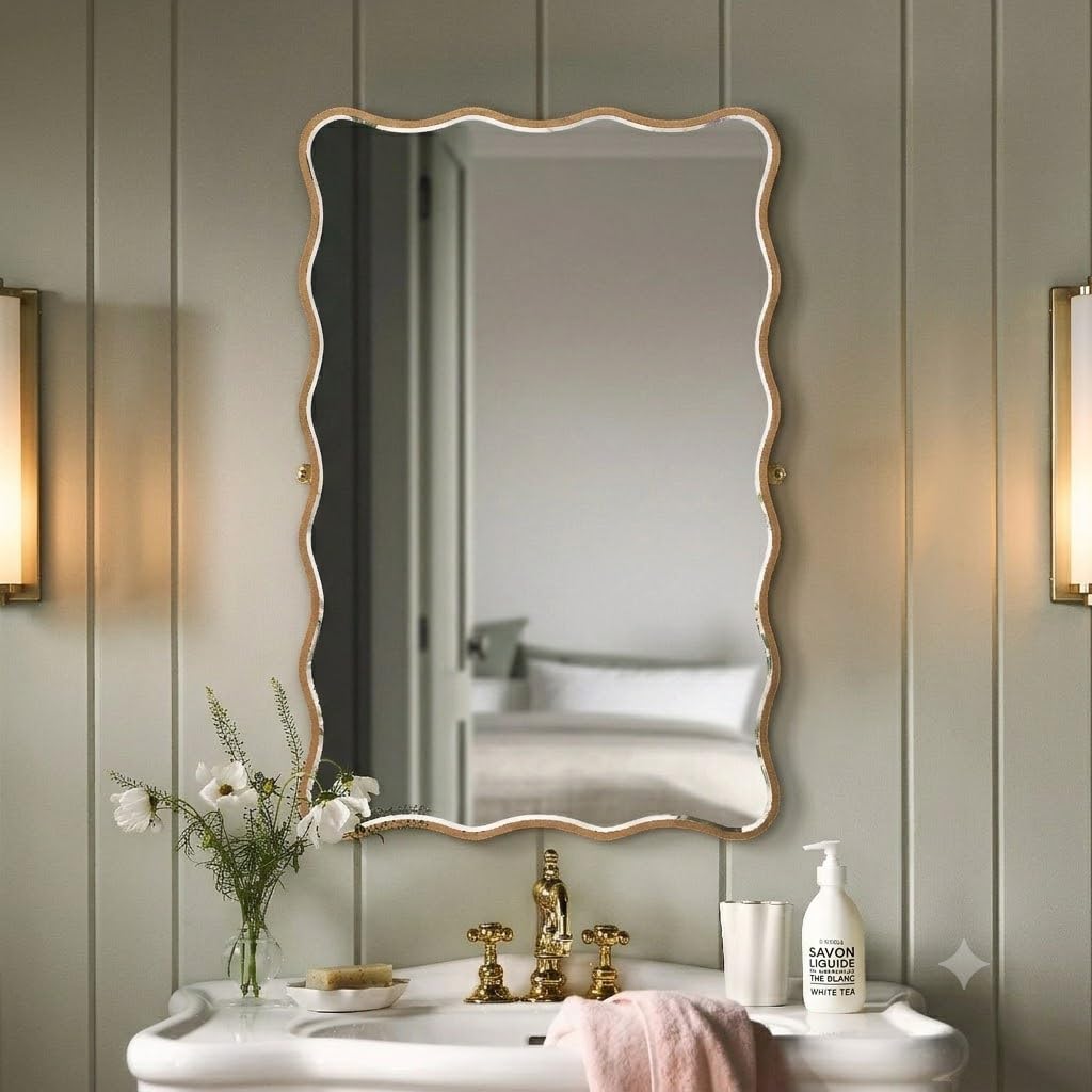 SHYFOY Specchio da parete dorato, asimmetrico, con cornice ondulata, rettangolare, decorativo, moderno, da appendere, per bagno, camera da letto, soggiorno, casa