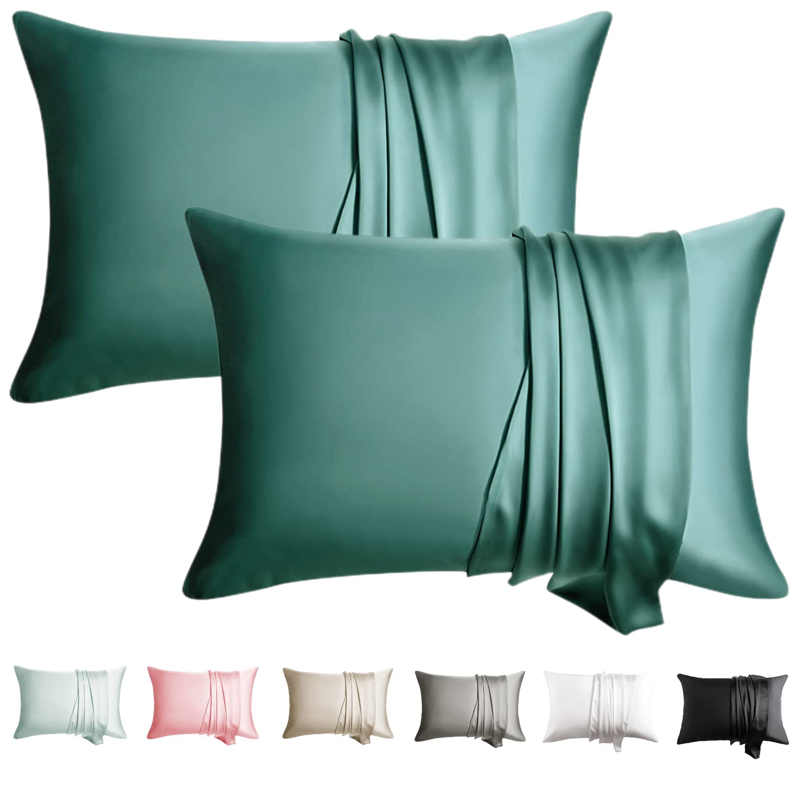 WLOSJ 100% Silk Pillowcase for Hair and Skin 2 Pack Queen Size 19 Momme Mulberry Silk Bed Pillowcase Soft Breathable Silk Pillow Case with Hidden Zipper Set of 2, Teal