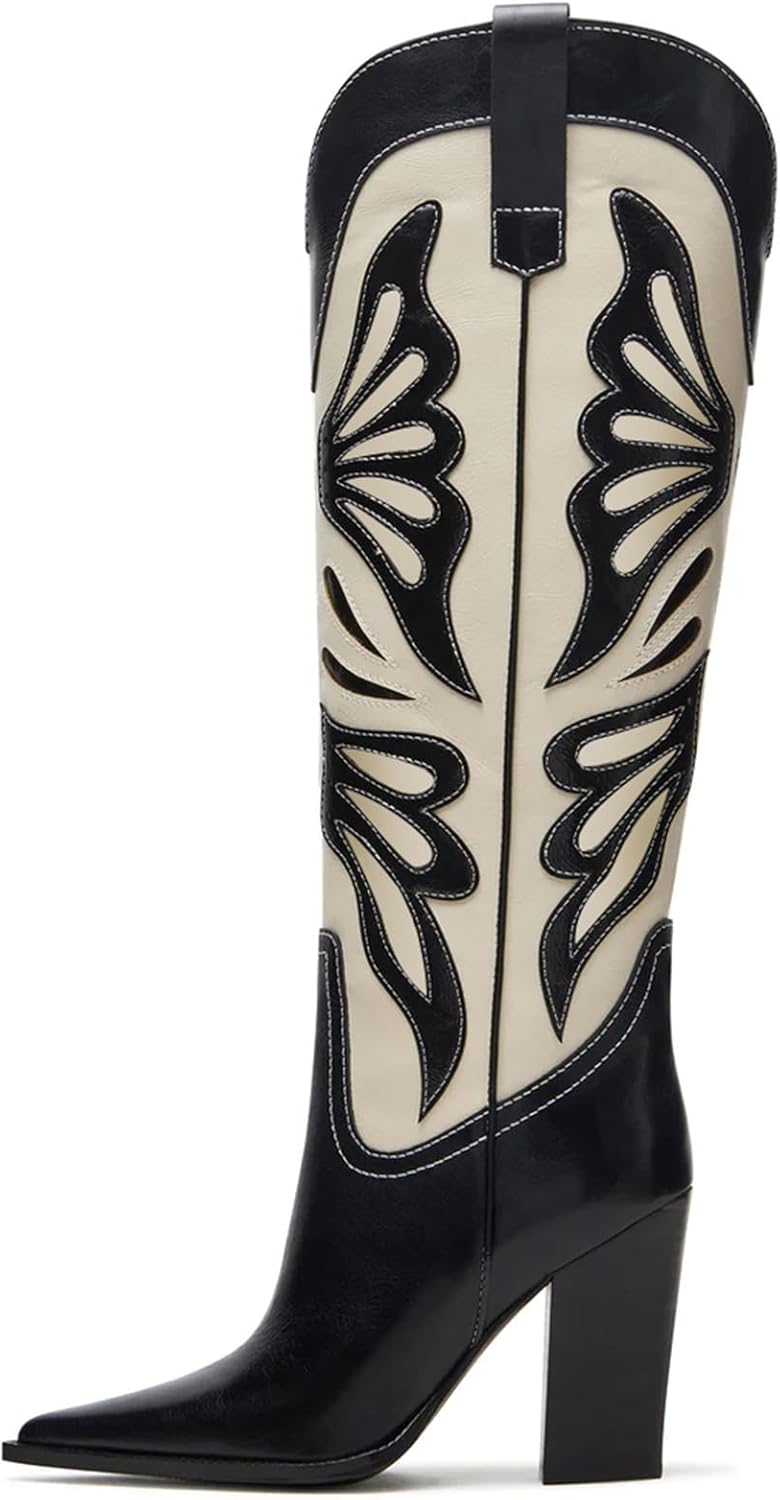VOMIRA Cowboy Boots for Women Pointed Toe Chunky High Heels Butterfly Cowgirl Boots Wide Calf Knee High Boots Bridal Wedding Western Boots