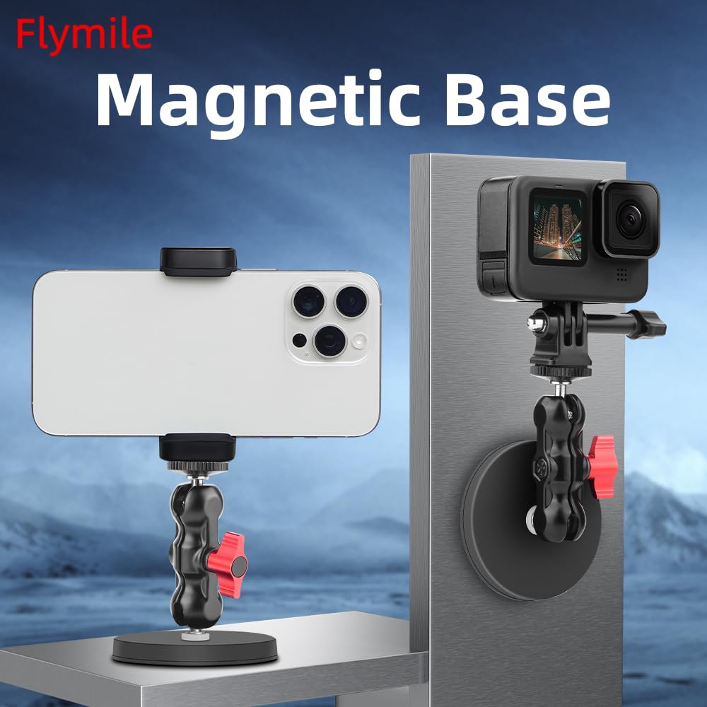 Magnetic Mount Stand for Sports Cameras & Phones, Flexible Magnetic Phone Tripod Mount, Silicone Wrapped, Dual Ball Head, 66mm Base