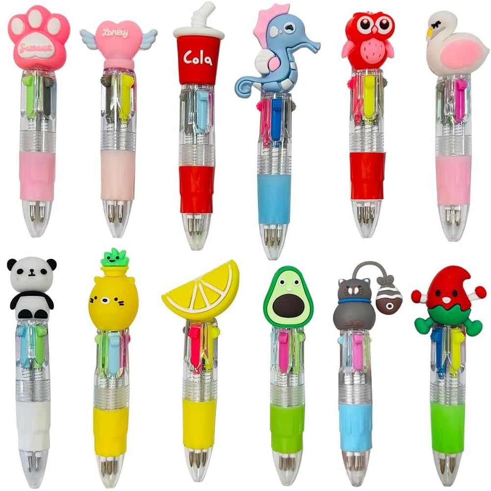 Multicoloured Pens, 12 PCS Pens for Kids 4-Color Fun Cartoon Mini Retractable Ballpoint Pens, Party Bag Fillers for Kids Class School Supplies